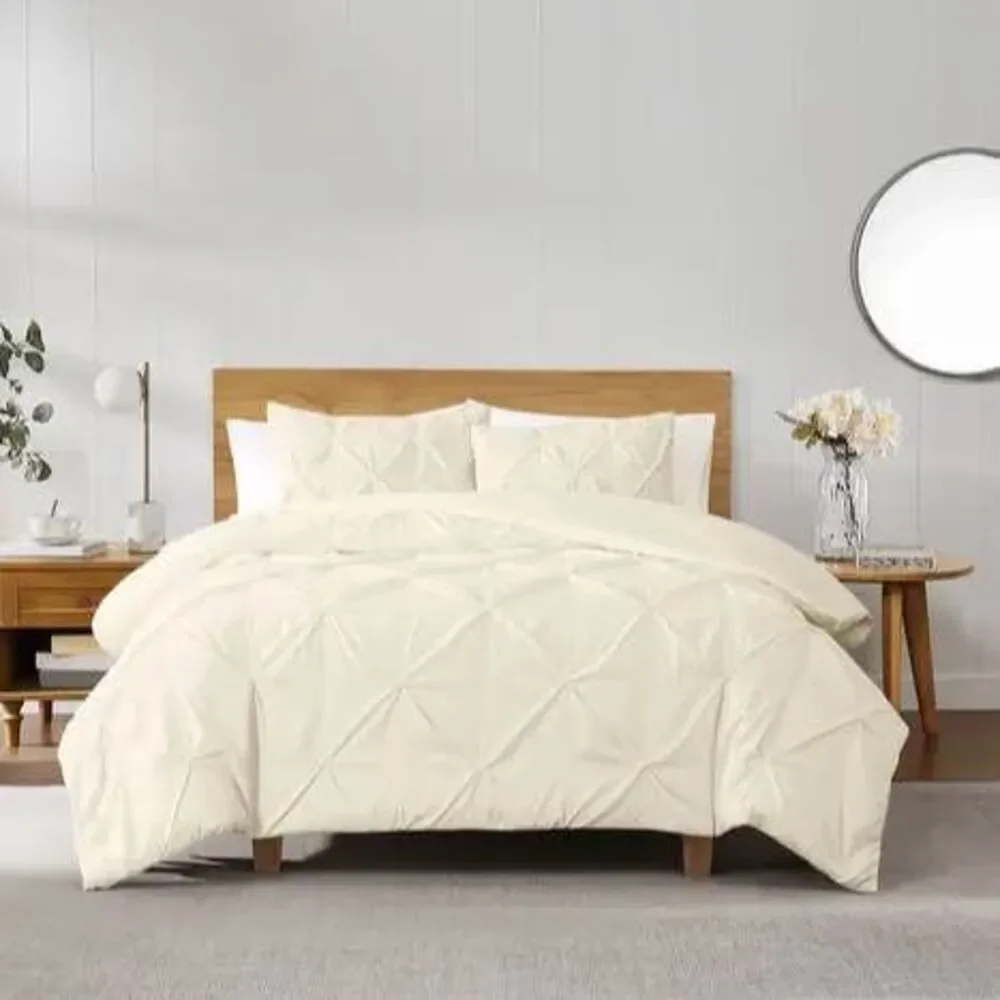 3 Piece Duvet Set Truly Soft Pinch Pleat Ivory (Duvet Set, Not A Comforter) NEW
